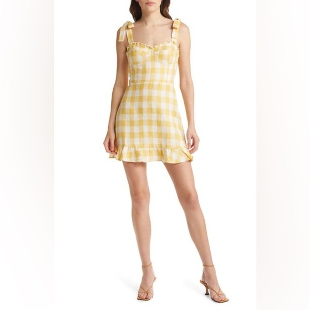 Reformation Desiree Linen Dress in Gingham Yellow